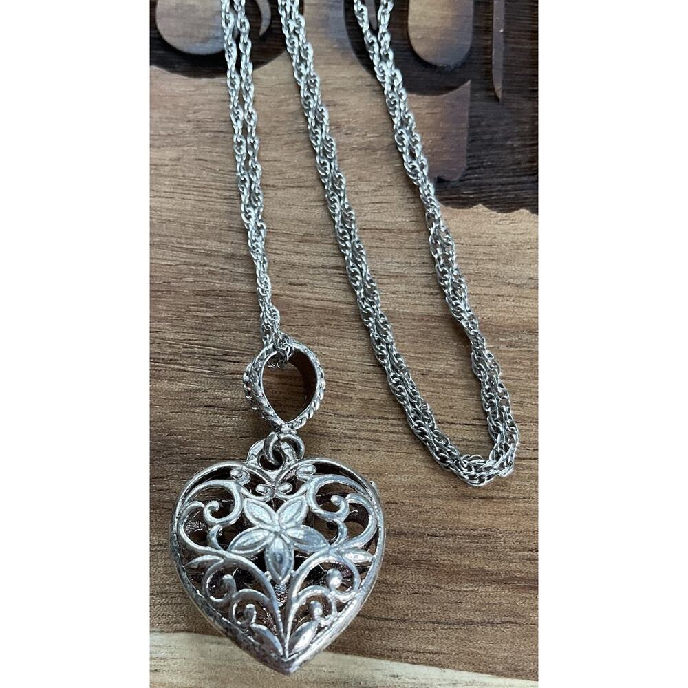 Sterling Silver Filigree Heart Pendant Necklace 925 Floral Scroll